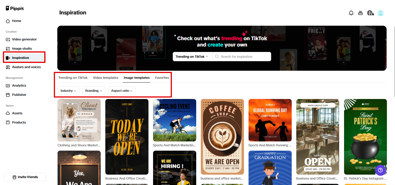 Inspiration tab in Pippit