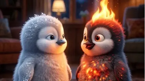 Two cute penguin chicks, one icy white and one fiery black, stand on a rug in a cozy room.
