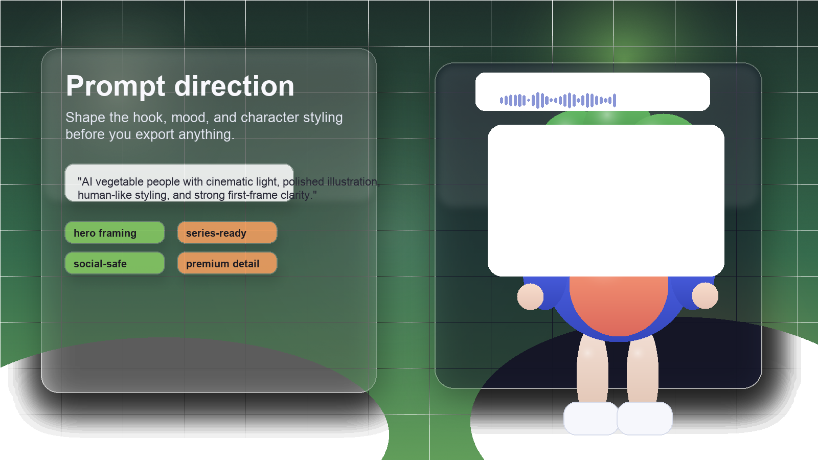 Editorial-style AI vegetable character development scene with refined studio composition