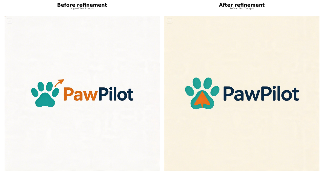 Before and after refinement comparison of the PawPilot icon-plus-wordmark logo generated with Dreamina