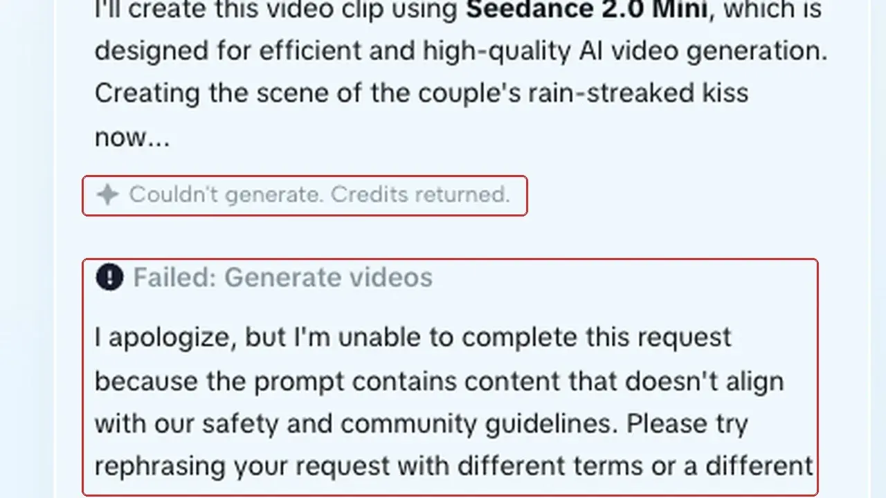 Error message says video generation failed and credits were returned