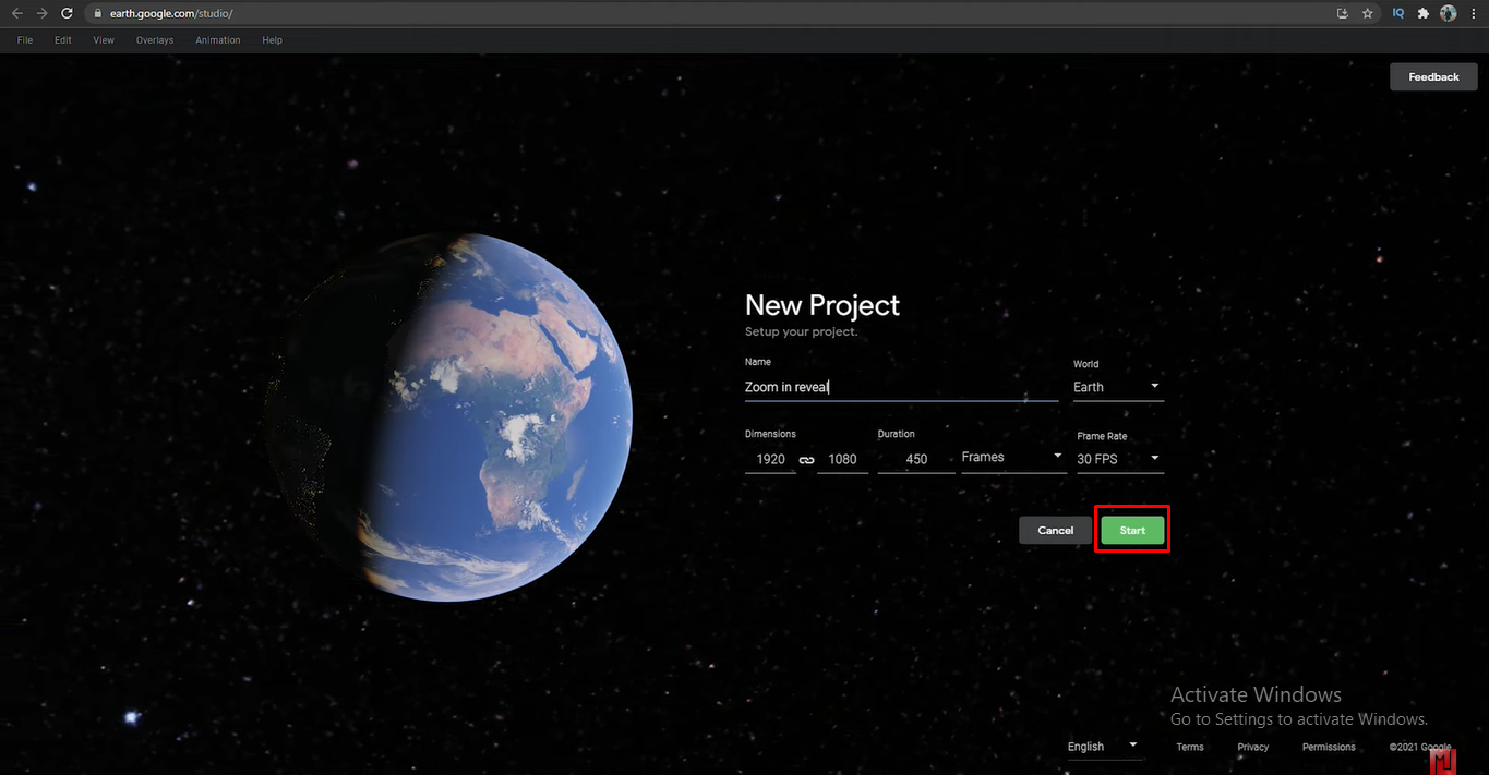 Googleマップのズームビデオを作成する新しいプロジェクトを開始します