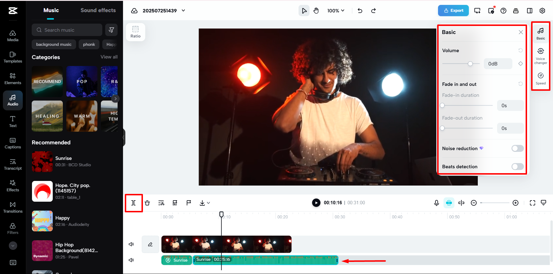 Cutting the audio file in the CapCut Web
