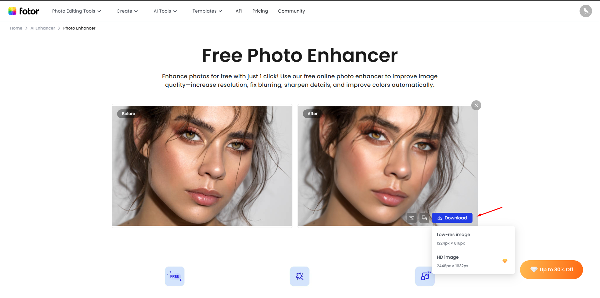 Downloading the image from the Fotor photo enhancer