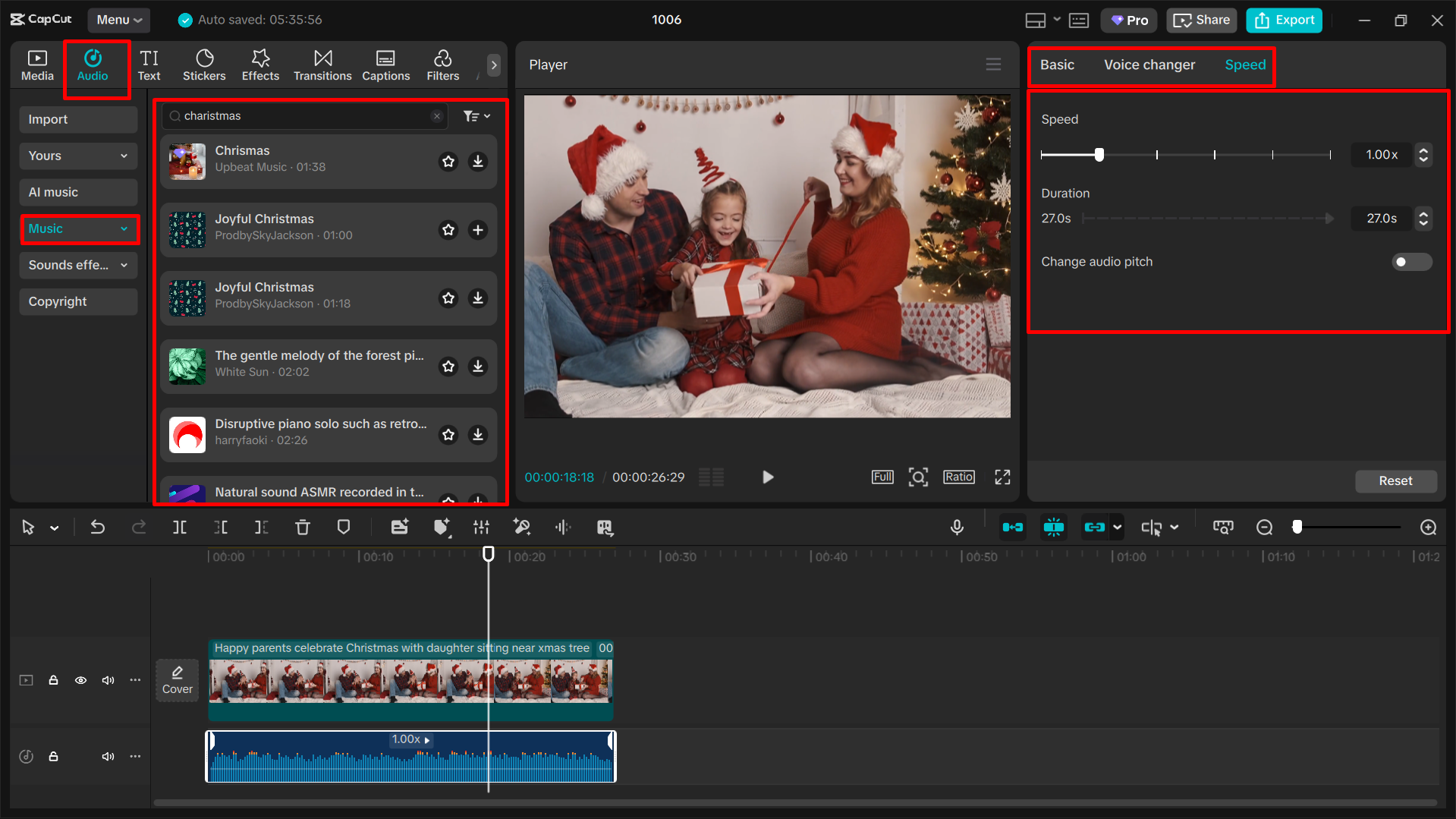 Adding Christmas music to a video in the CapCut desktop video editor