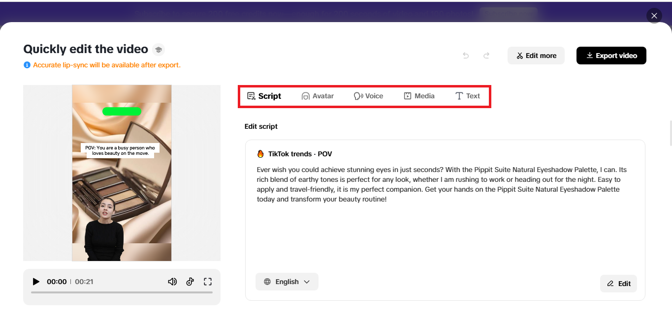 Quick edit window with different editing options