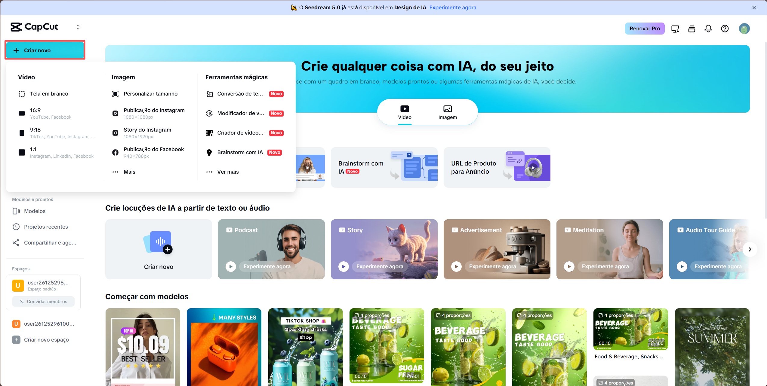 Interface do editor online do CapCut