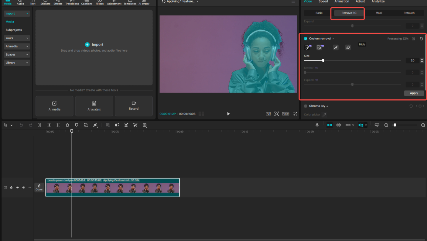 Use the custom removal to remove the video background