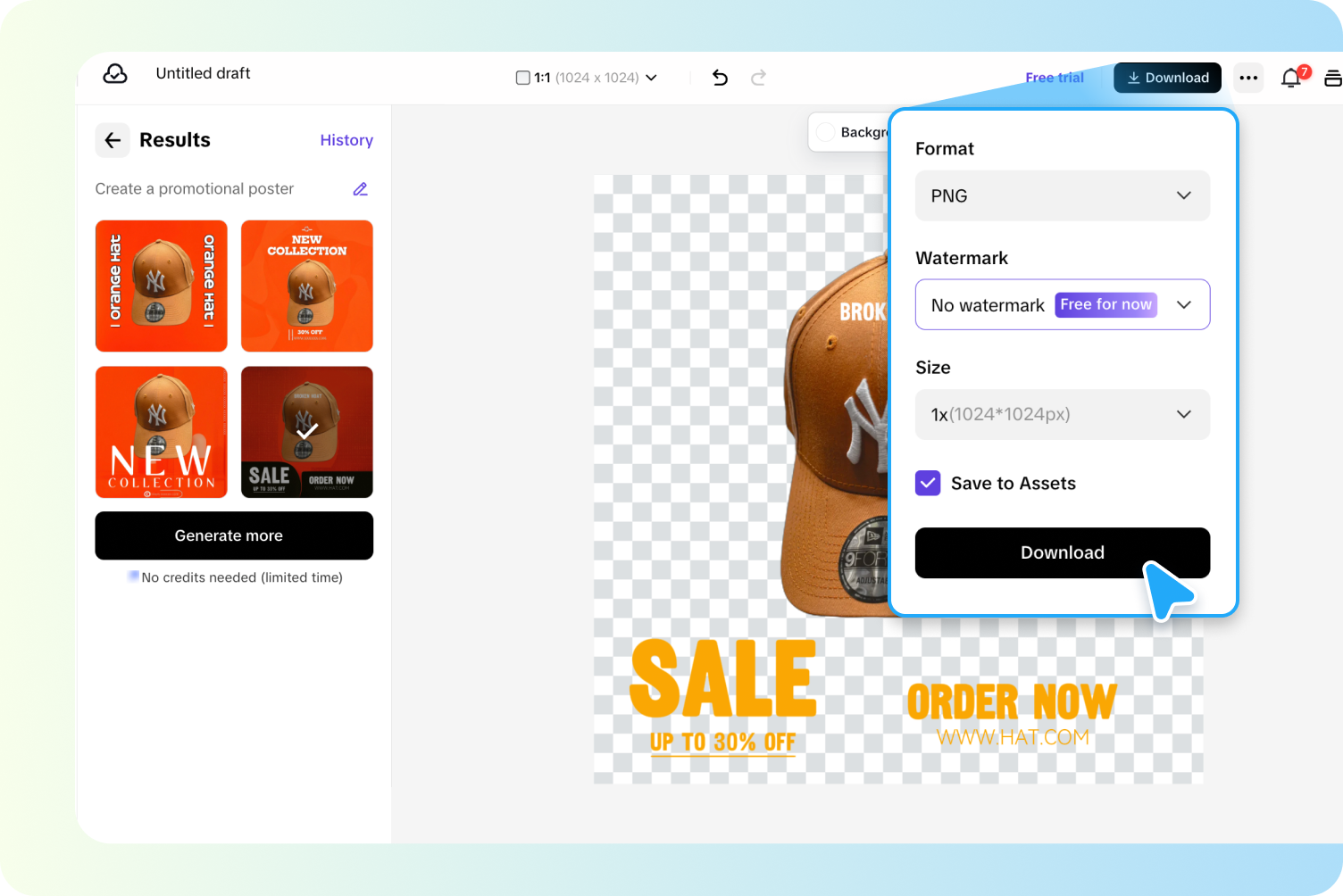 description=The download modal in Pippit, where the user can select the file format (PNG, JPG) and size before exporting the final high-definition image.