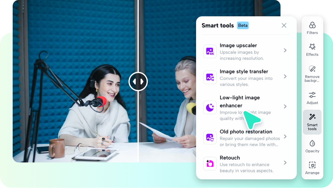 description=A side-by-side comparison. The left side shows a blurry, low-res photo of a candle on a plain table. The right side shows the same candle, now upscaled, with the background removed and placed on a stylish AI-generated marble countertop with decorative elements. A 'Shop Now' button is visible.