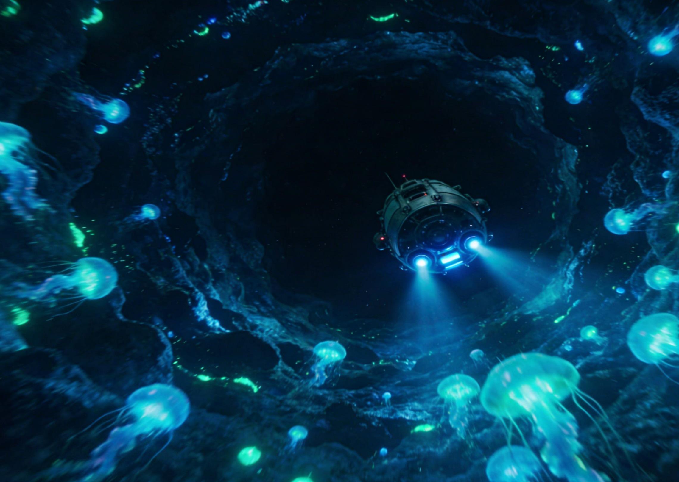 Fénylő szakadékba ereszkedő mélytengeri felfedező tengeralatt