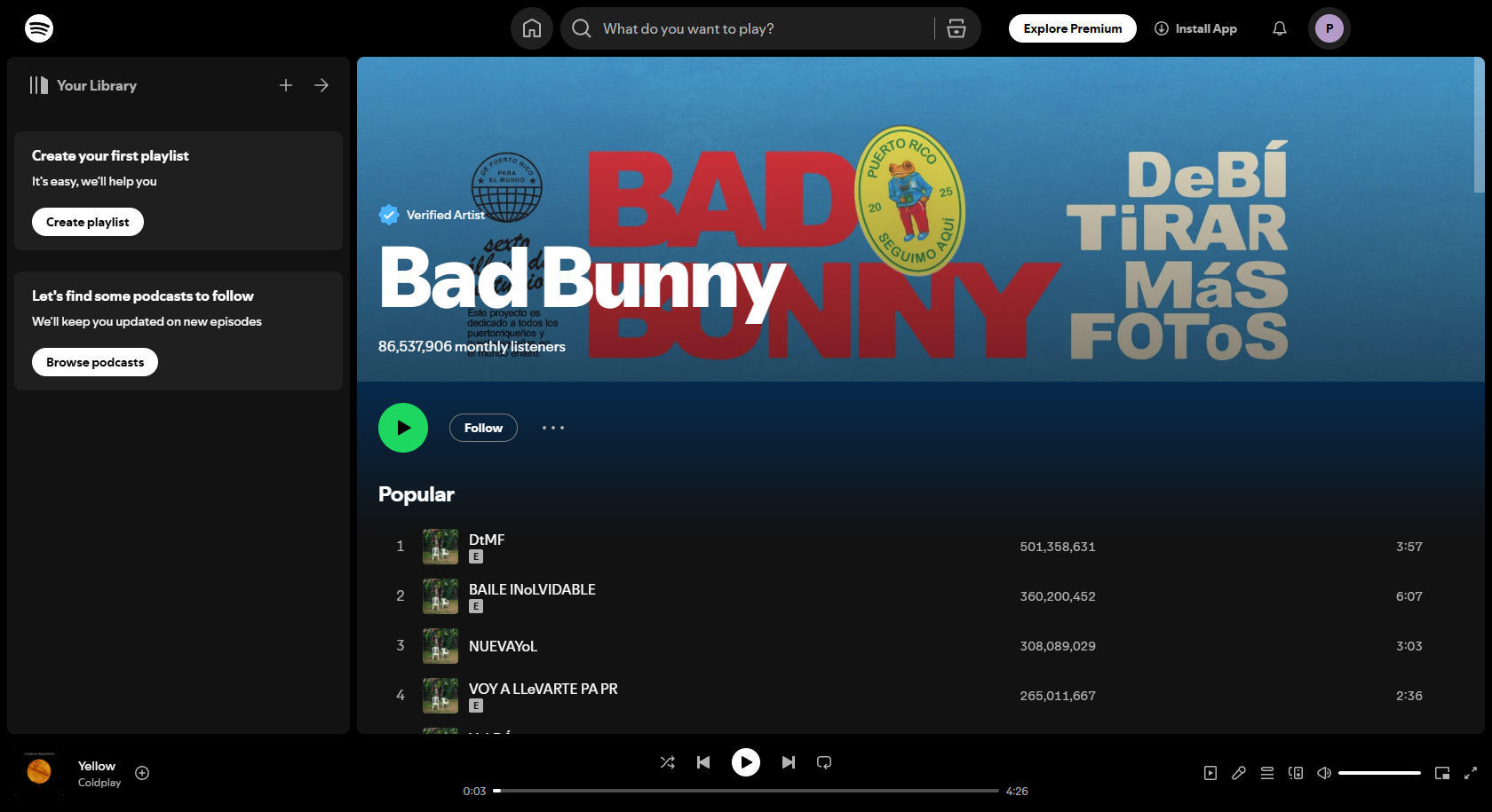 Interfaccia Spotify di Bad Bunny