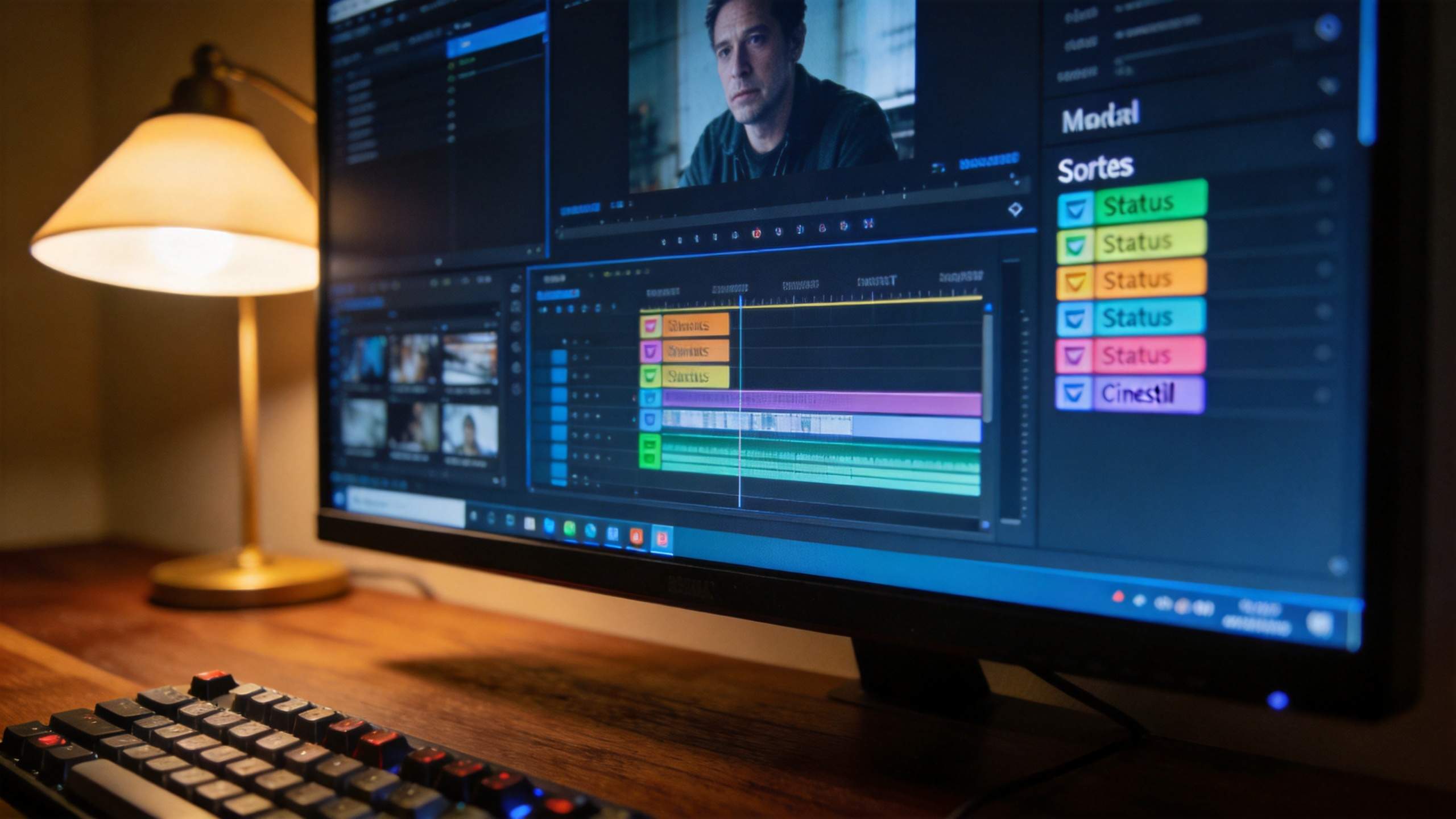 Video editing timeline with color-coded clips on a monitor beside a desk lamp
