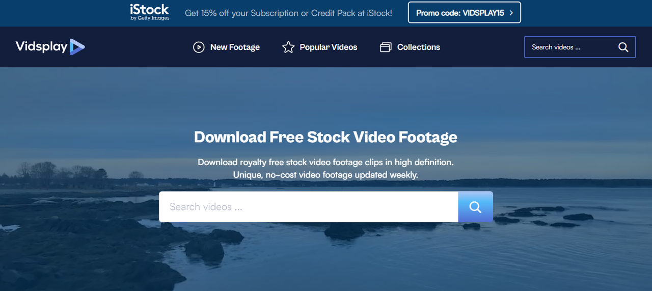 VidsPlay page headed Download Free Stock Video Footage, with search plus New Footage, Popular Videos, and Collections.