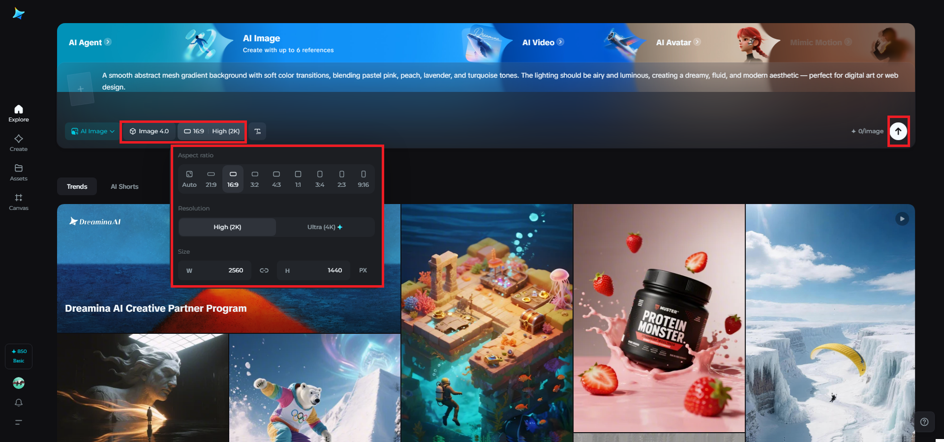 Select the model, image ratio, and resolution