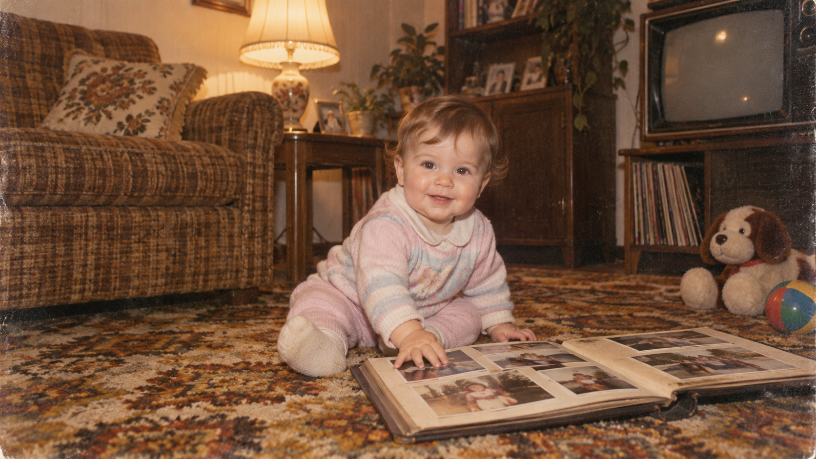 Baby with a family album in a retro home