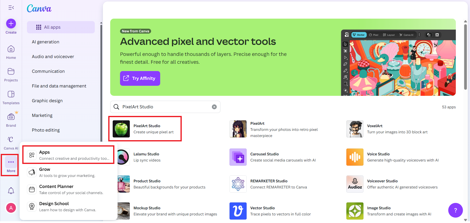 Deschideți Canva și lansați aplicația PixelArt Studio