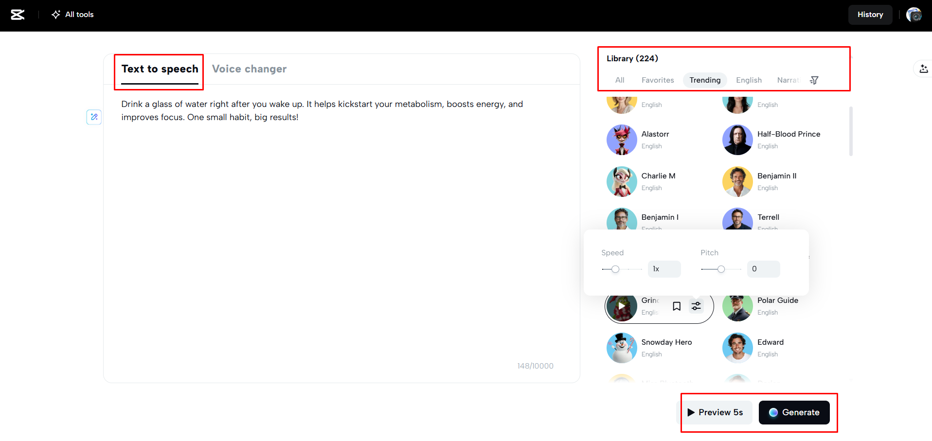Convertendo texto em fala no CapCut Web