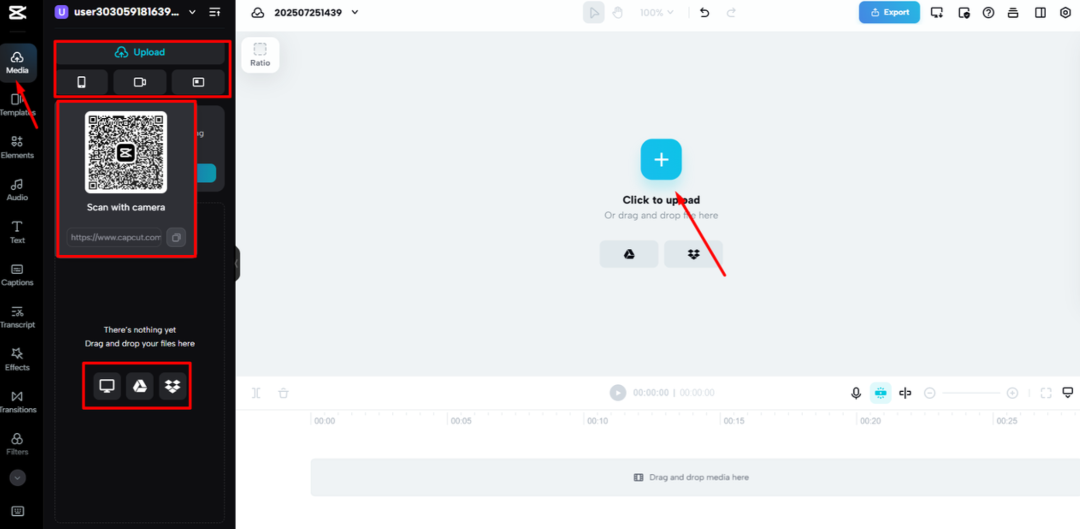 Uploading media to the CapCut web