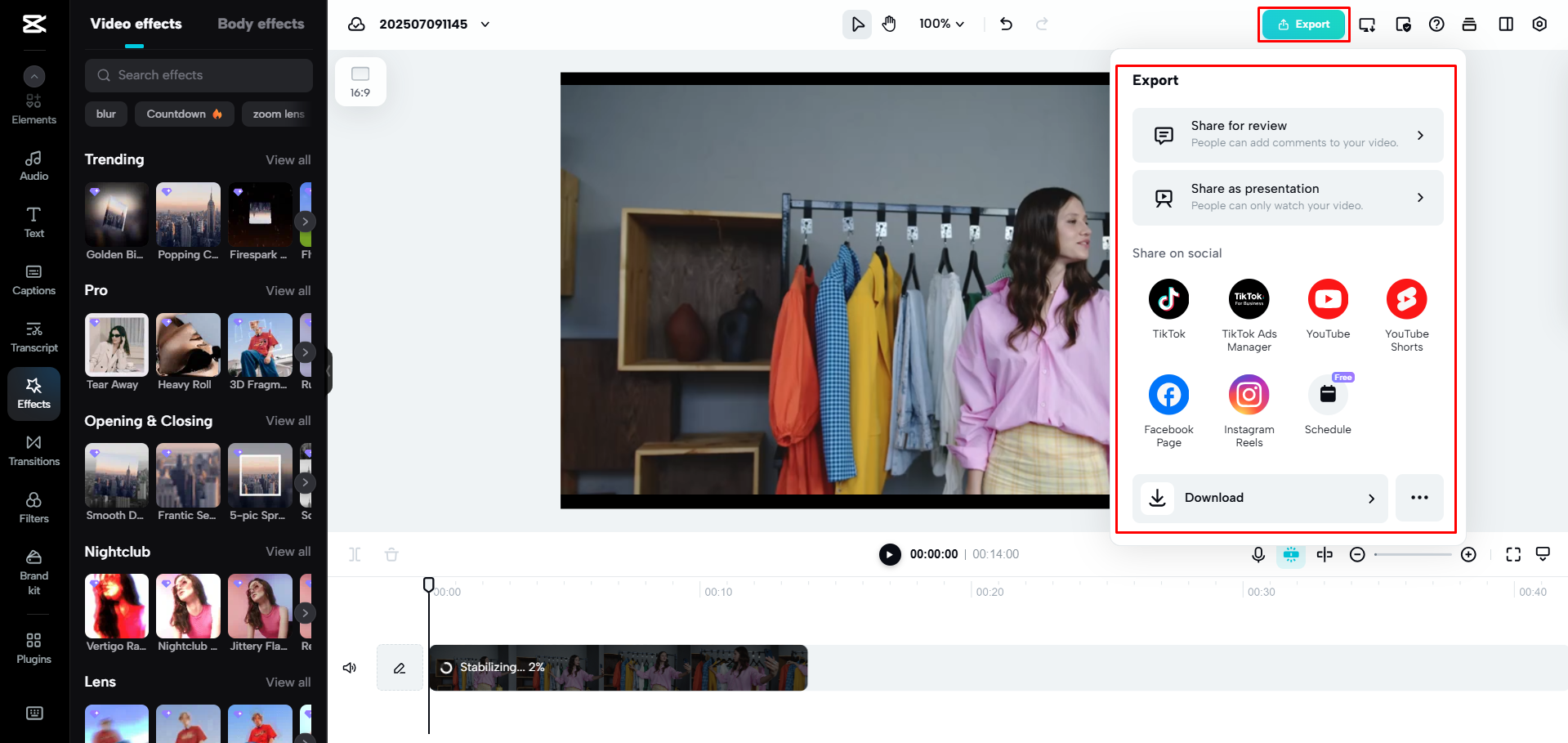 การส่งออกวิดีโอจาก CapCut Web