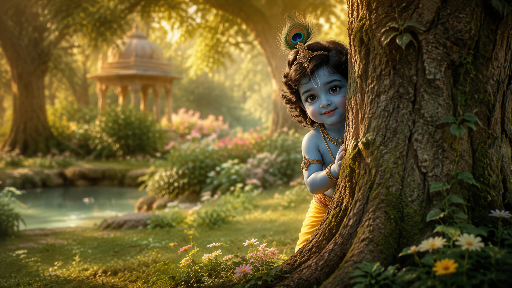 Dreamina Küçük Krishna Ağaç Fotoğraflarının Arkasında Saklanıyor İstemi örnek 3: Tavus Kuşu Rengi Fantezi Ruh Hali