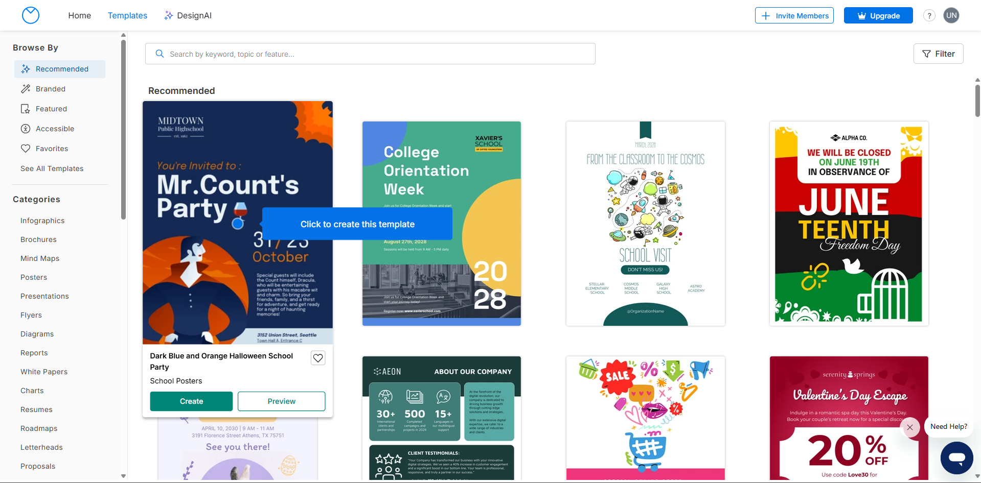 Interfaz de Vengage, un creador de carteles perfecto para escuelas.