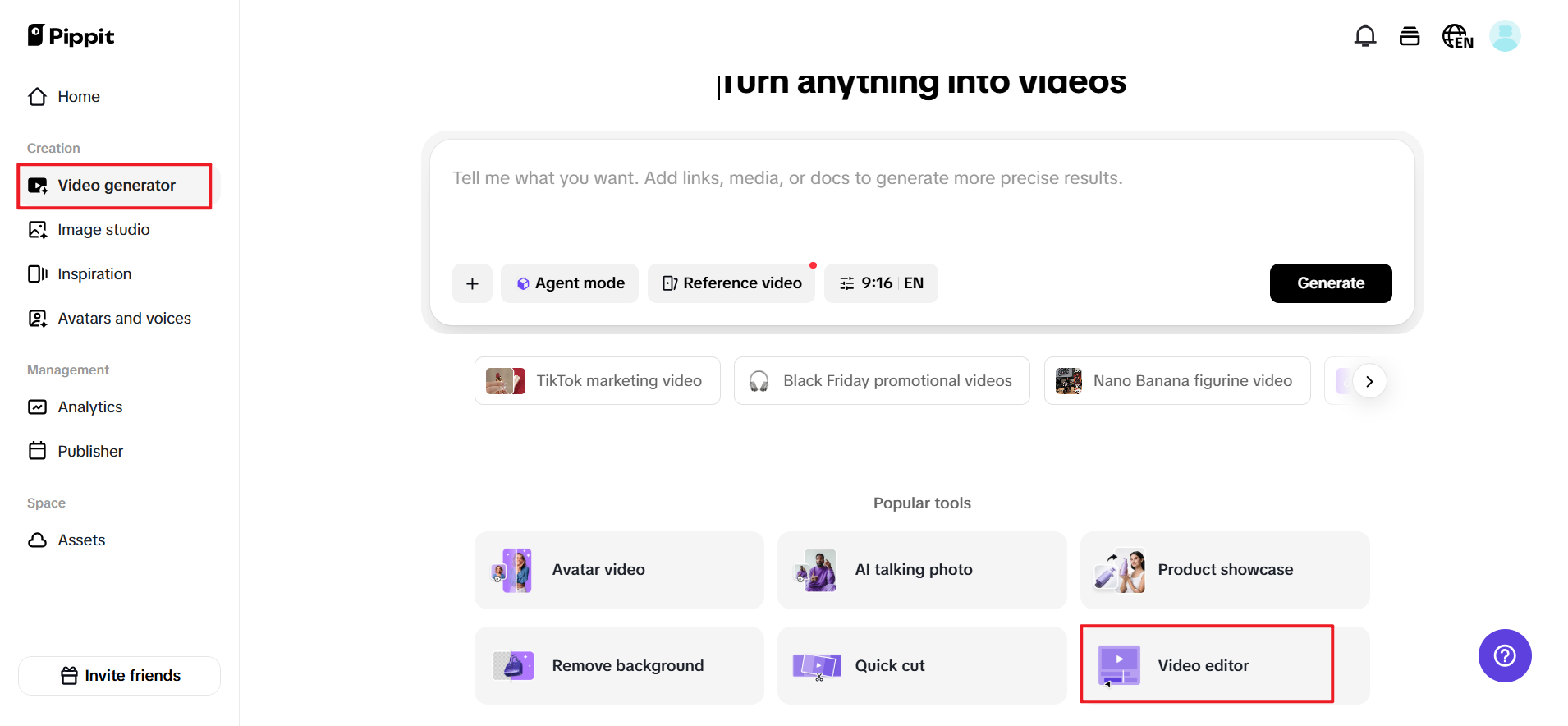Open Pippit's video editor