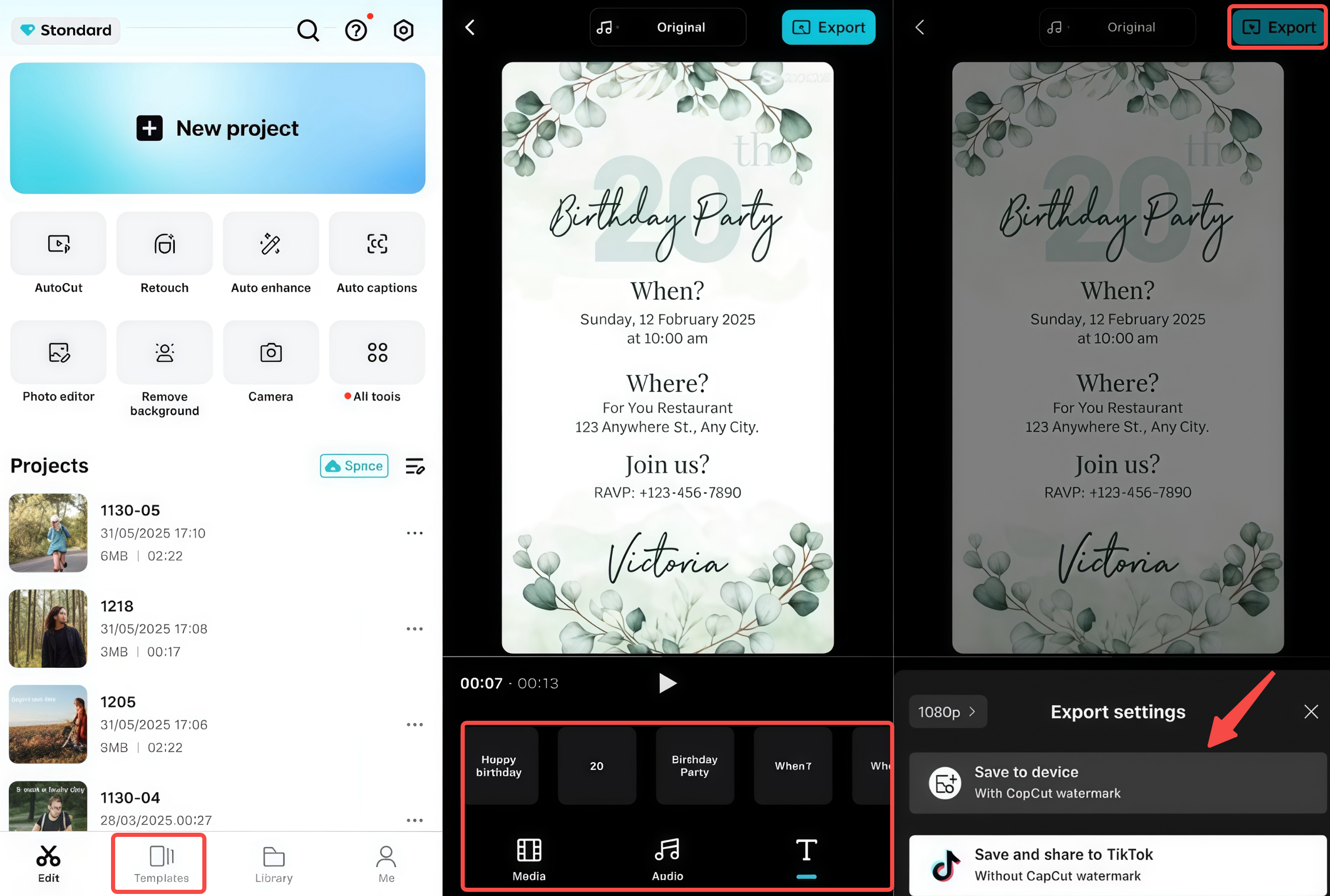 Showing how to use CapCut's invitation maker app