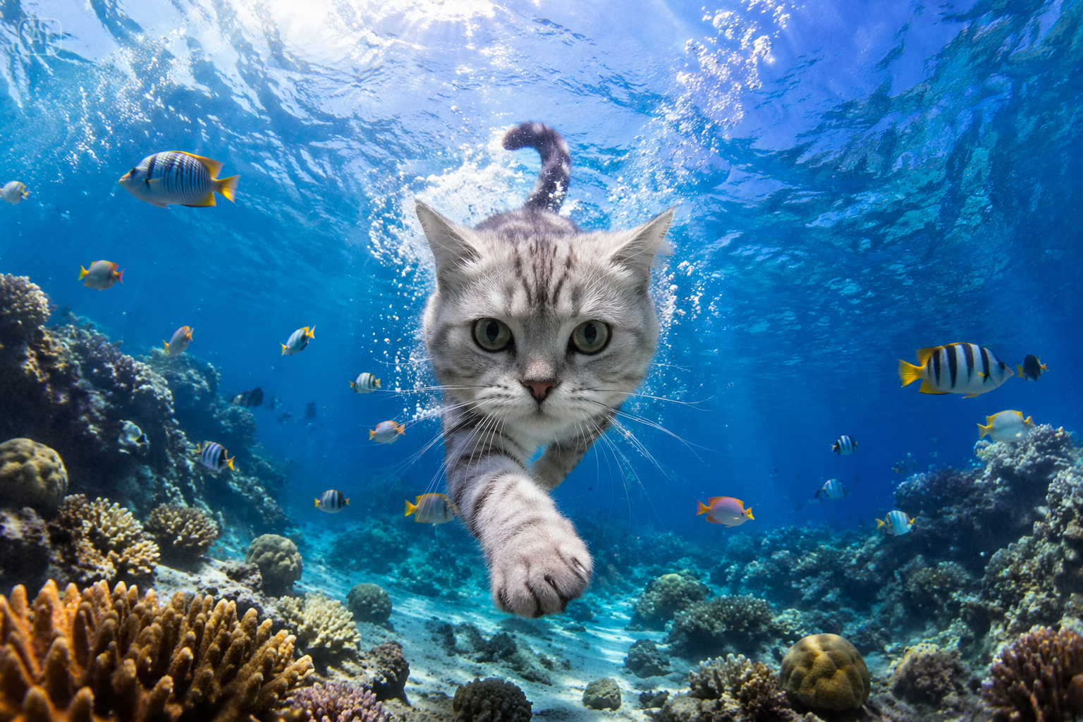 Underwater snap surrounded by tropical fish