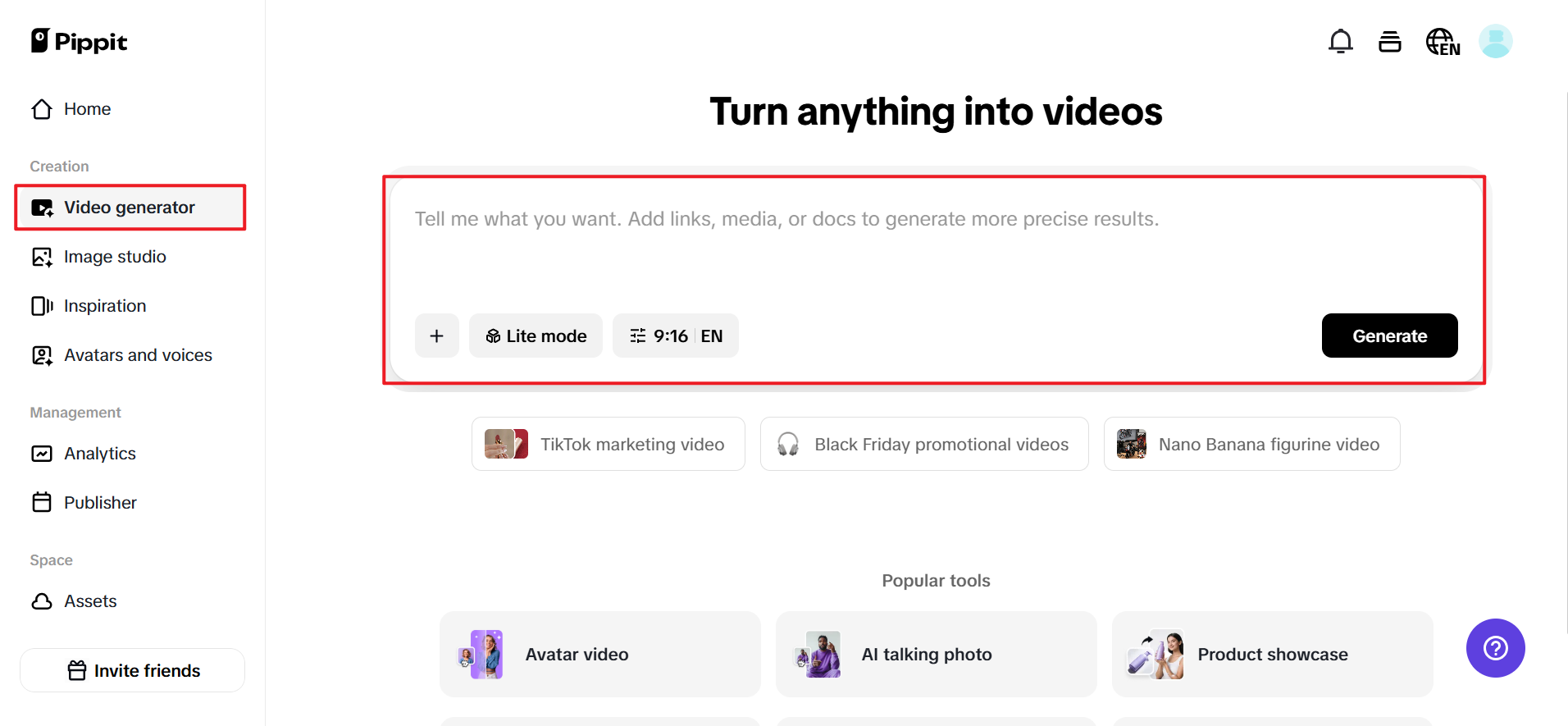 Start with Pippit's video generator