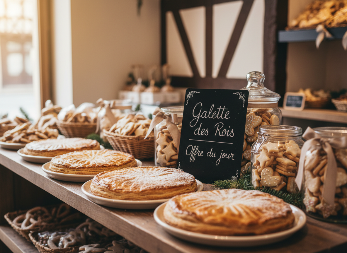 Galette des Rois and bredele cookies close-up on counter; Strasbourg bakery scene with timber-framed motif; French sign 'Galette des Rois — Offre du jour'.