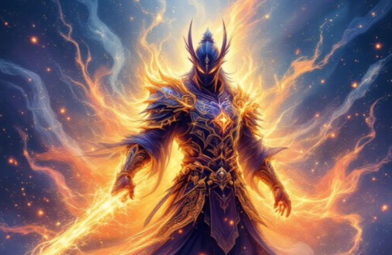Mythical hero with glowing eyes and magical armor