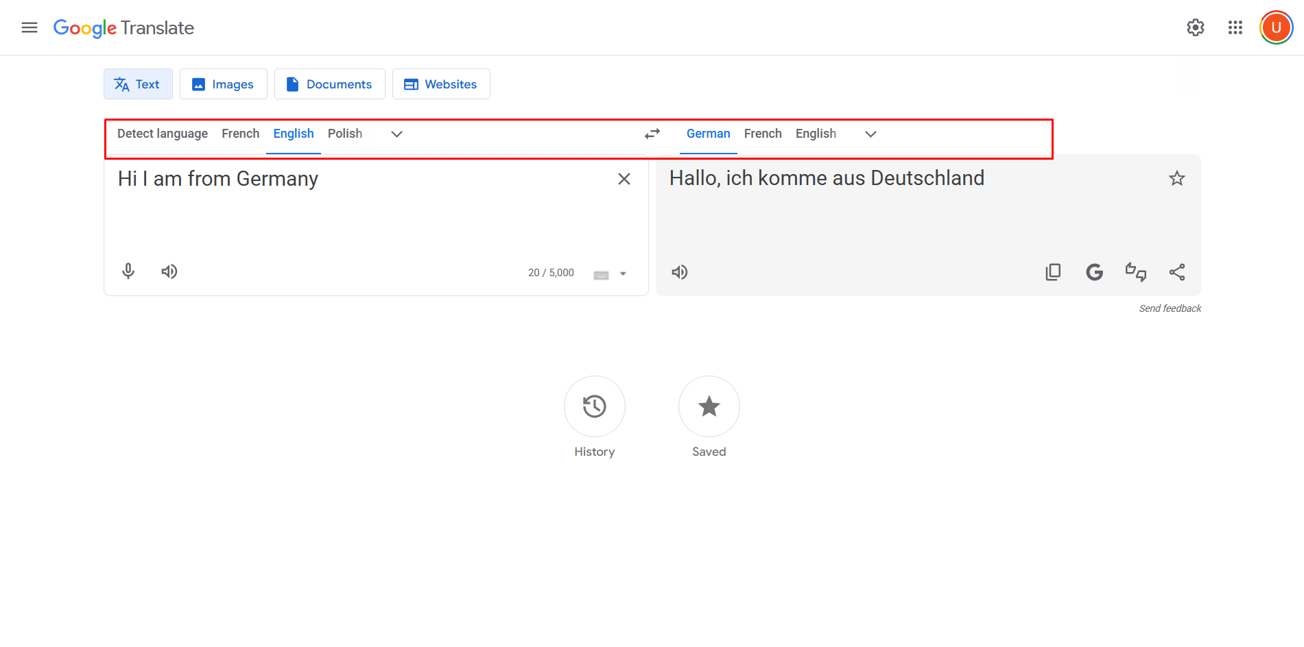 Converting English text to German with Google Translate