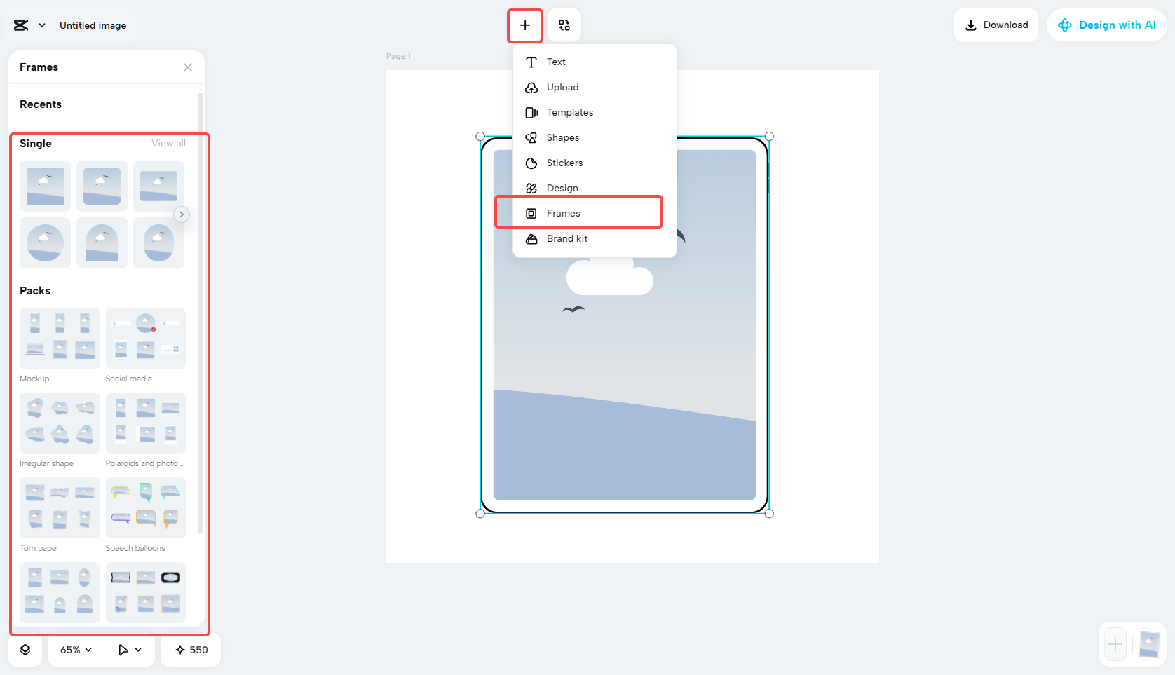 Choosing the photo frame in CapCut