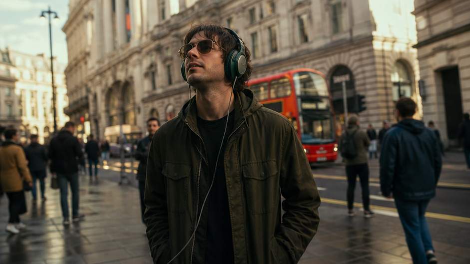 London Trip Oasis Song — headphone-wearing traveler walking a lively London street