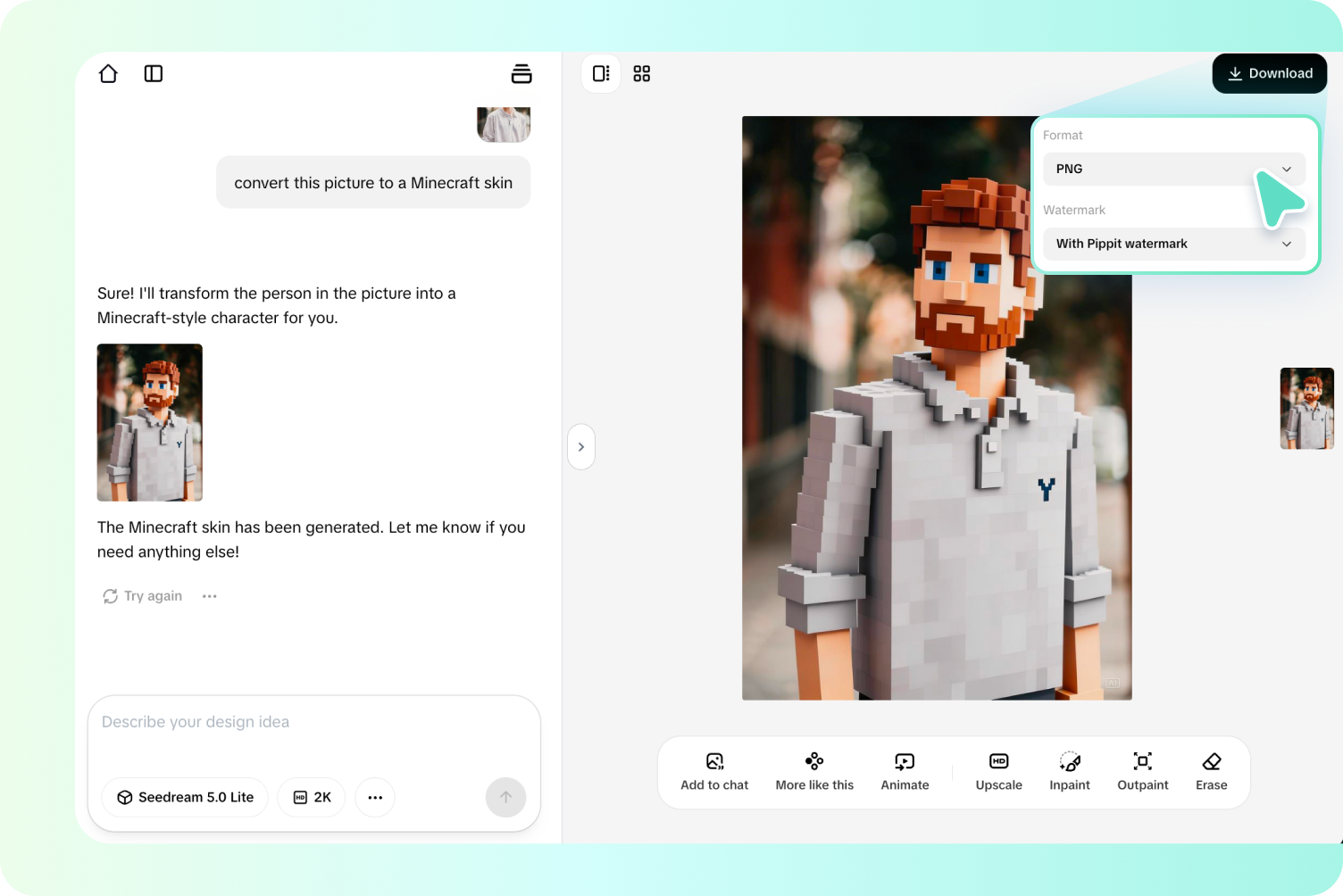 AI generated Minecraft skin from a real photo in Pippit