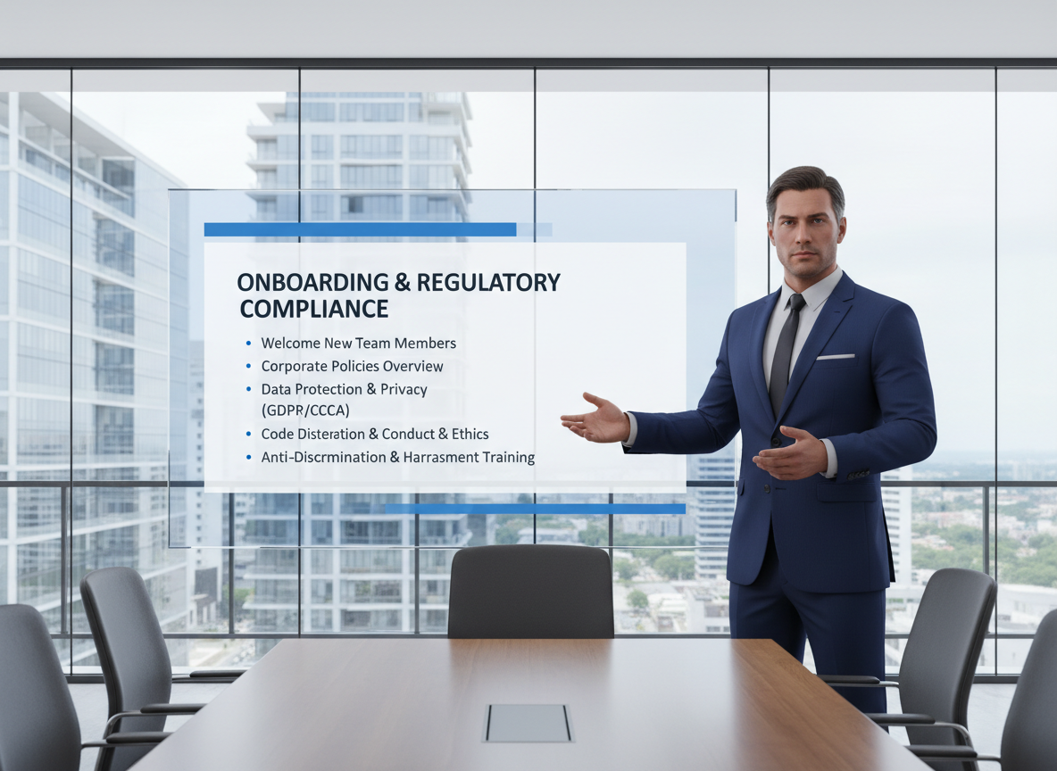 AI avatar in business attire presenting onboarding and compliance in a glass-walled office training room with a projection screen, corporate formal style.