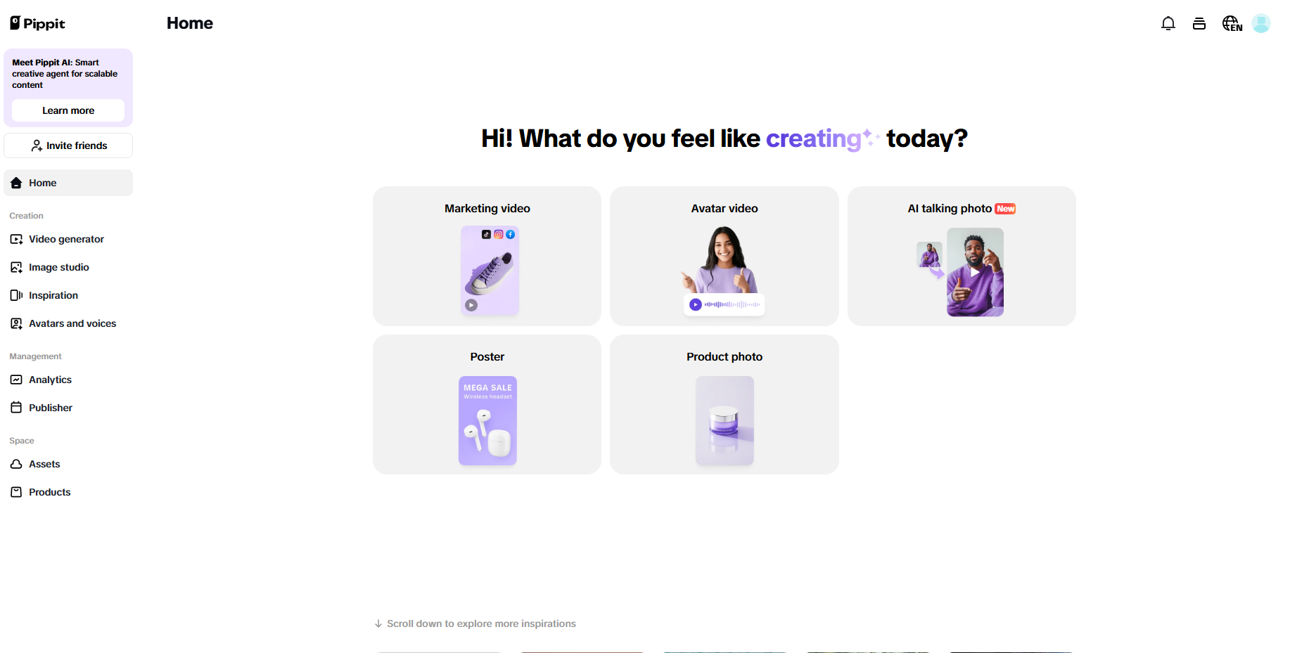 A interface do Pippit