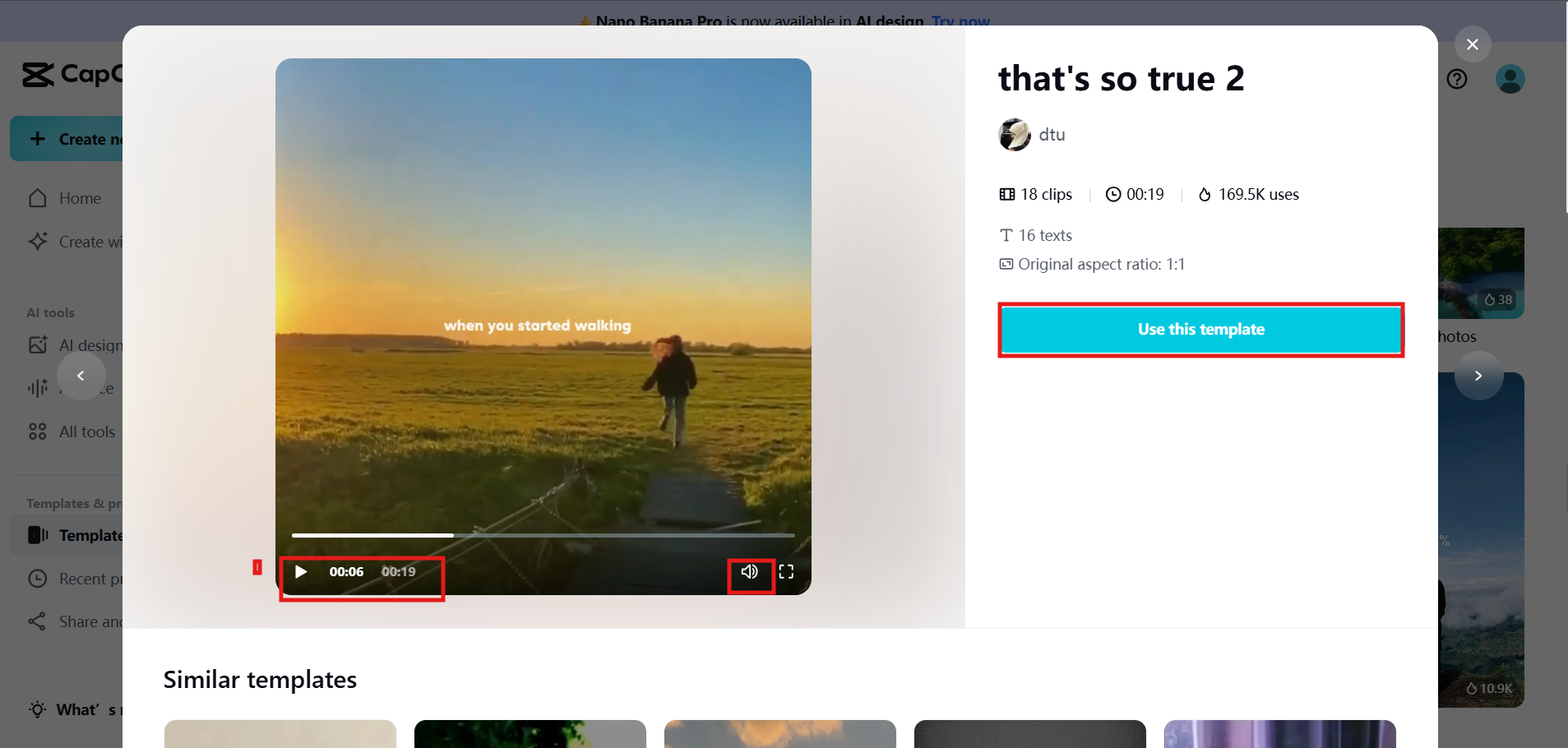 CapCut template preview showing editing options