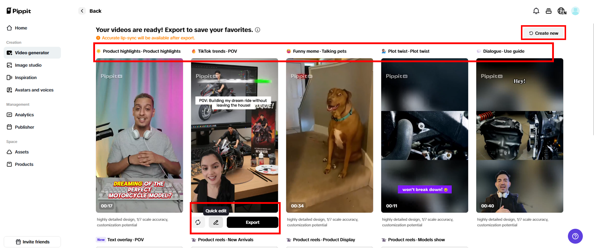 Selecione o seu vídeo gerado preferido.