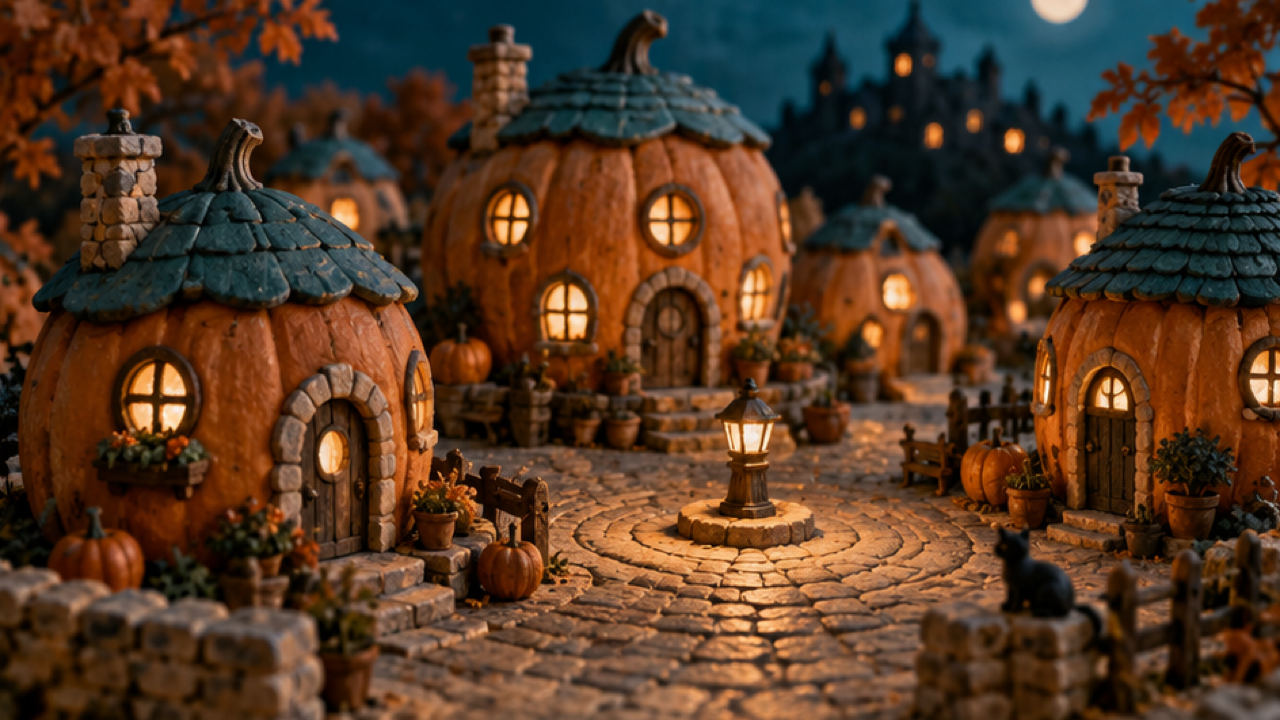 Handcrafted terracotta pumpkin village with teal roofs, lantern square and soft miniature studio lighting.