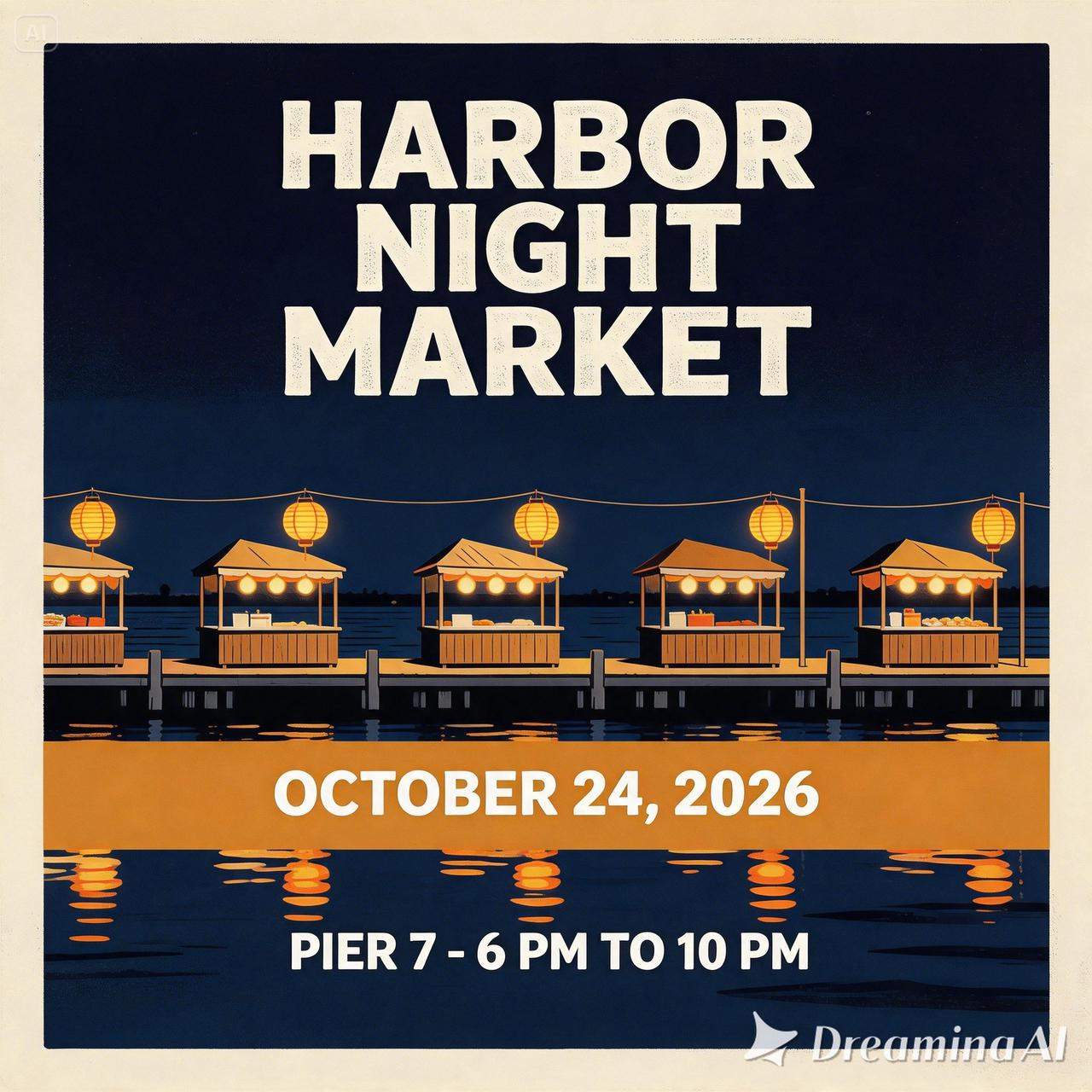 Cartel del mercado nocturno del puerto cuadrado con puestos frente al mar, linternas colgantes, una banda de fecha del 24 de octubre de 2026 y la marca Dreamina
