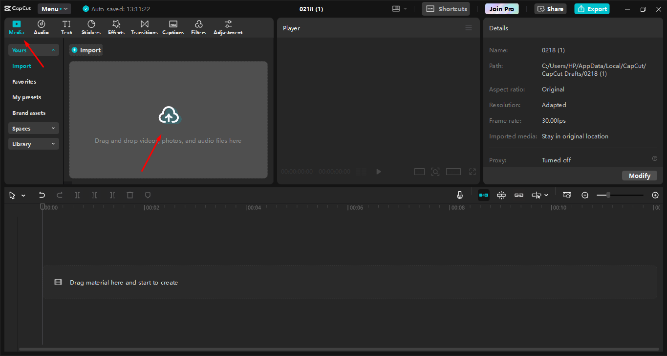 Uploading video to the CapCut desktop video editor