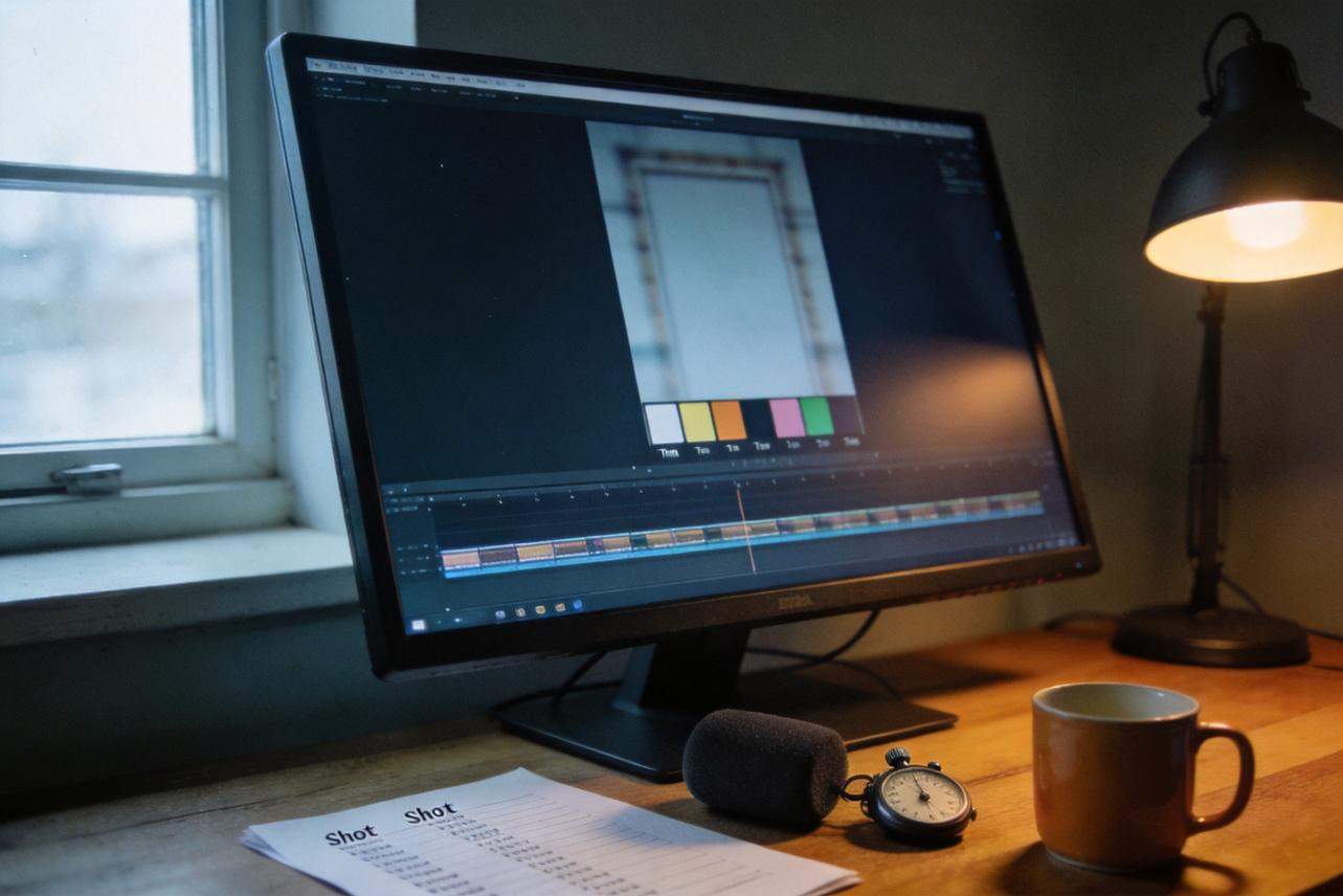 Desktop monitor shows a video editing timeline on a wooden desk beside a stopwatch, mug, and desk lamp