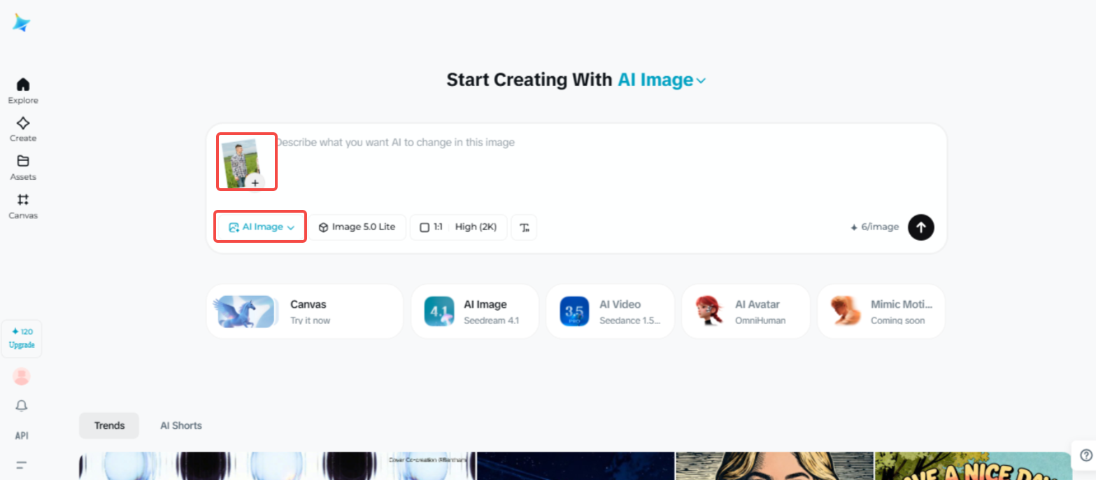 Accessing the "AI Image" feature in Dreamina