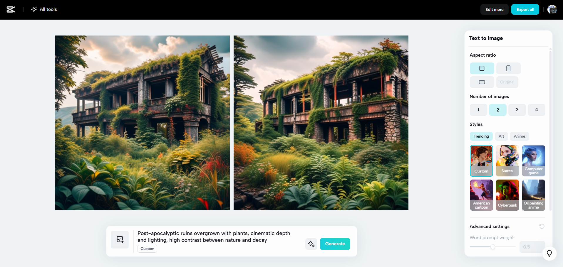 Interface van CapCut Web - een gebruiksvriendelijke manier om AI-afbeeldingen te genereren