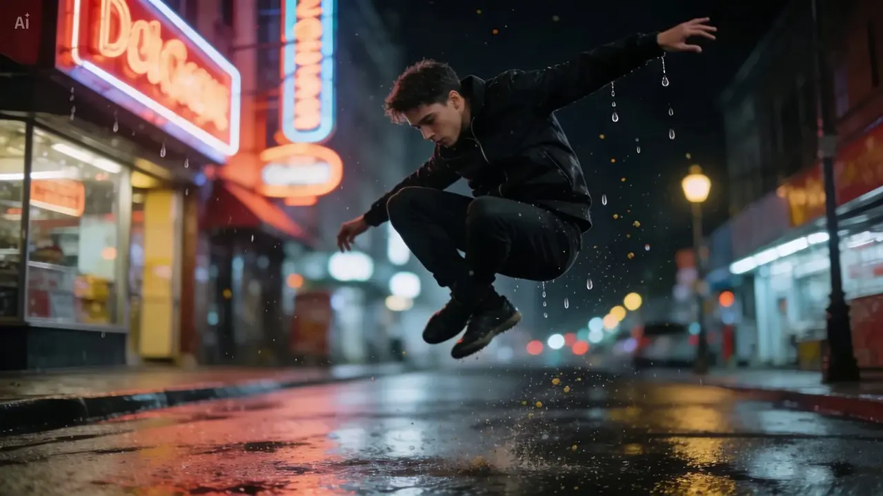 Young man midair in a rainy neon-lit street at night
