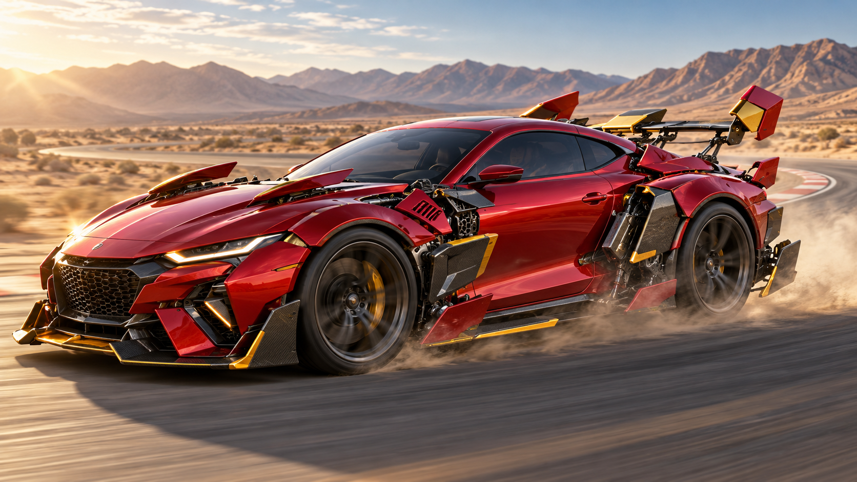24 car transformation AI video: Crimson Coupe Driving on a Desert Test Track
