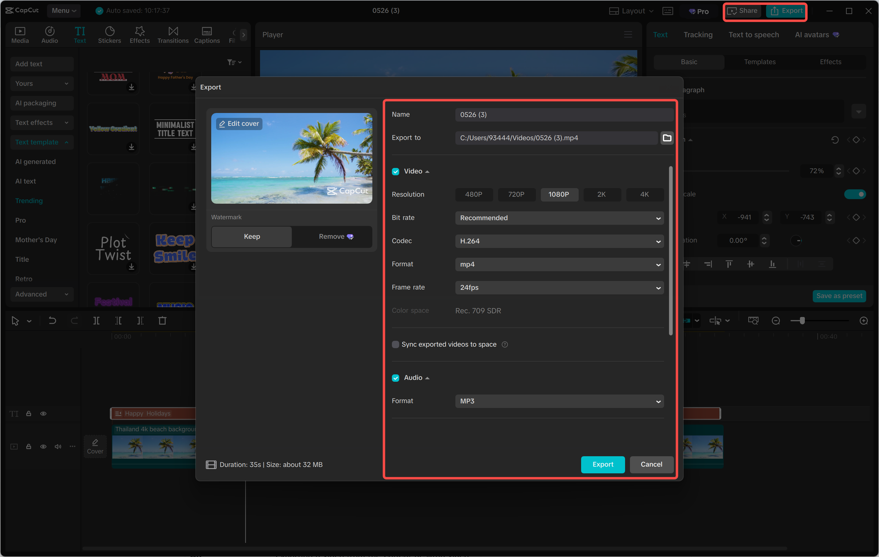 Exporting a video from the CapCut desktop video editor