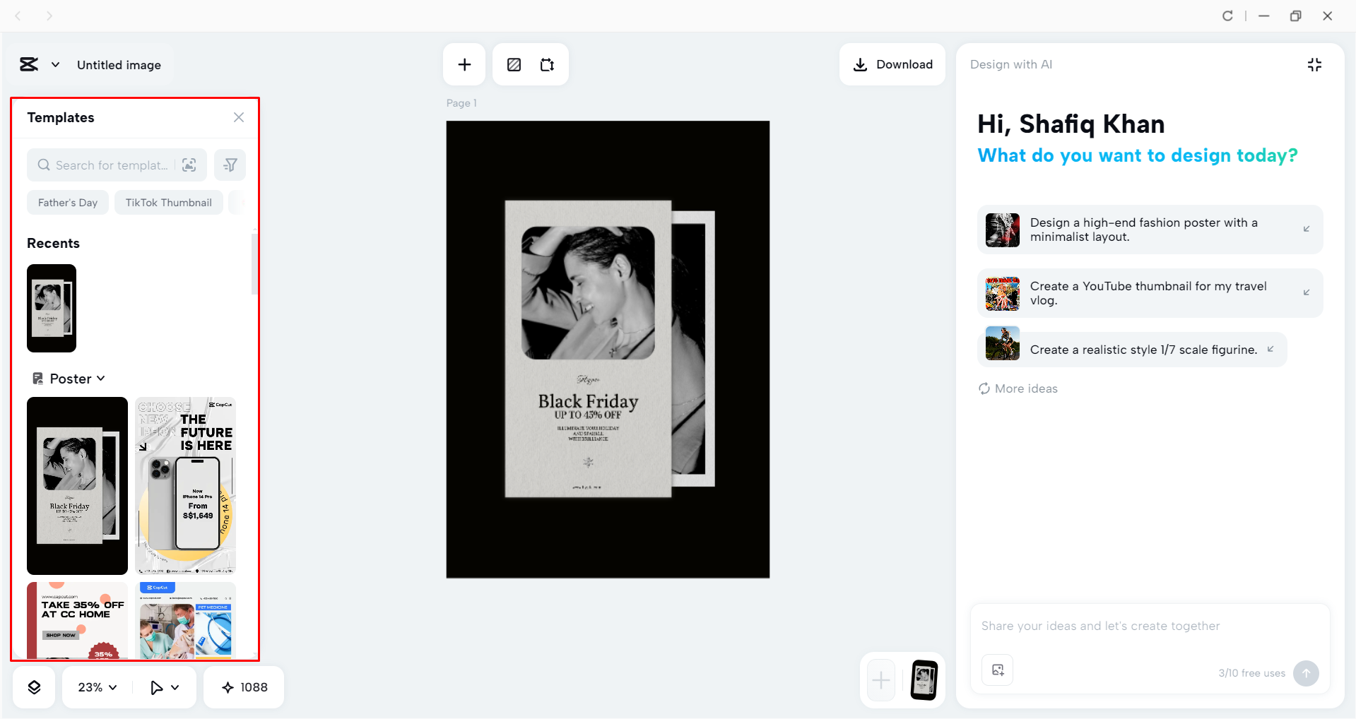 Choosing a poster template in the CapCut desktop video editor